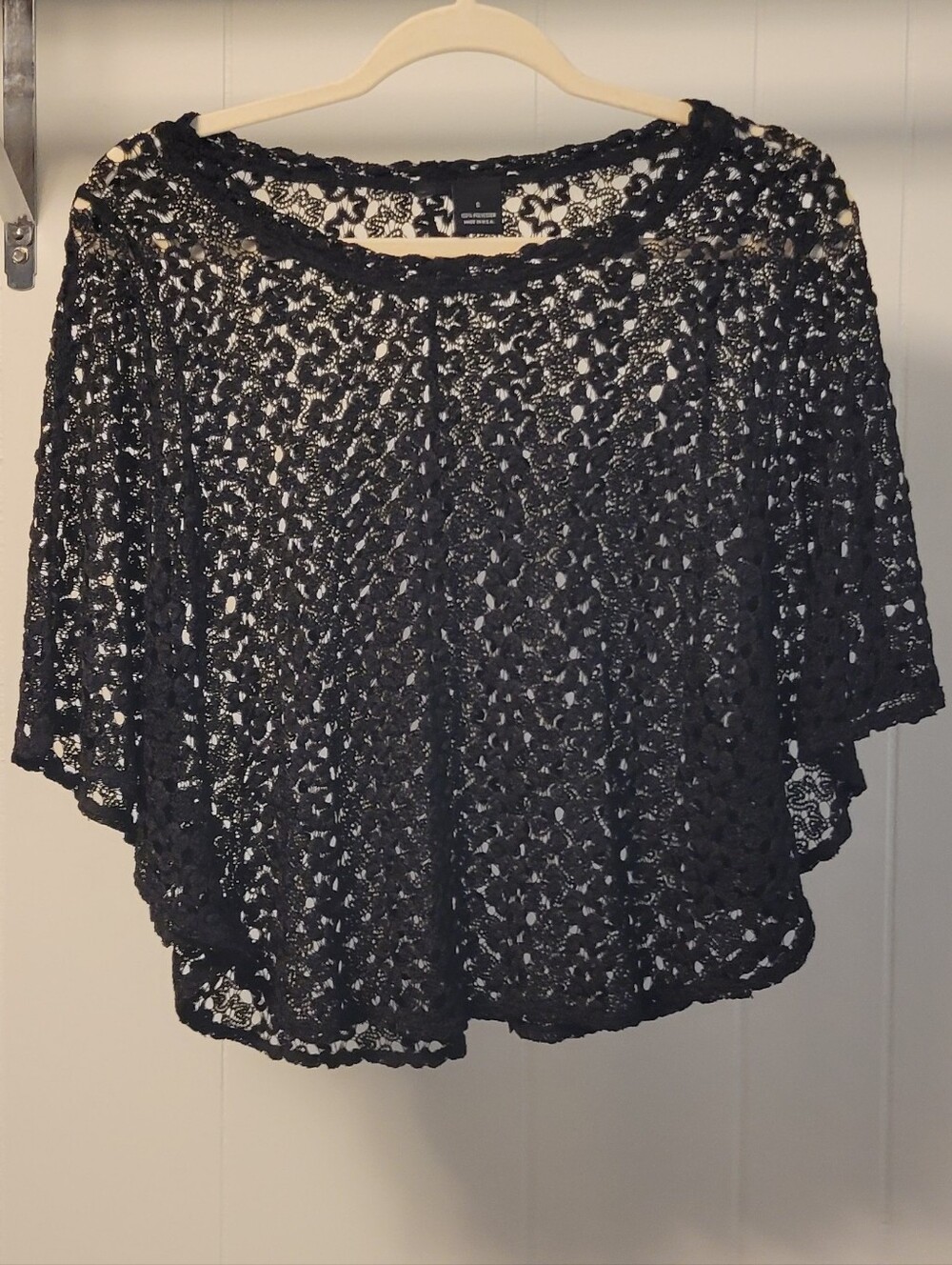 Dressy Classy Black Crochet Poncho Semi Sheer Cover Up Shawl. S